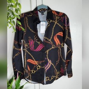 Ralph Lauren Black Button Down Shirt with Gold and Purple Chains